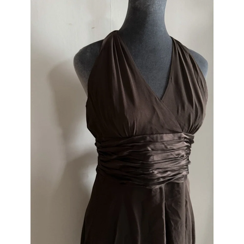 Y2K Silk Chocolate Brown Halter‎ Midi Dress Carry Bradshaw Backless Romantic 8